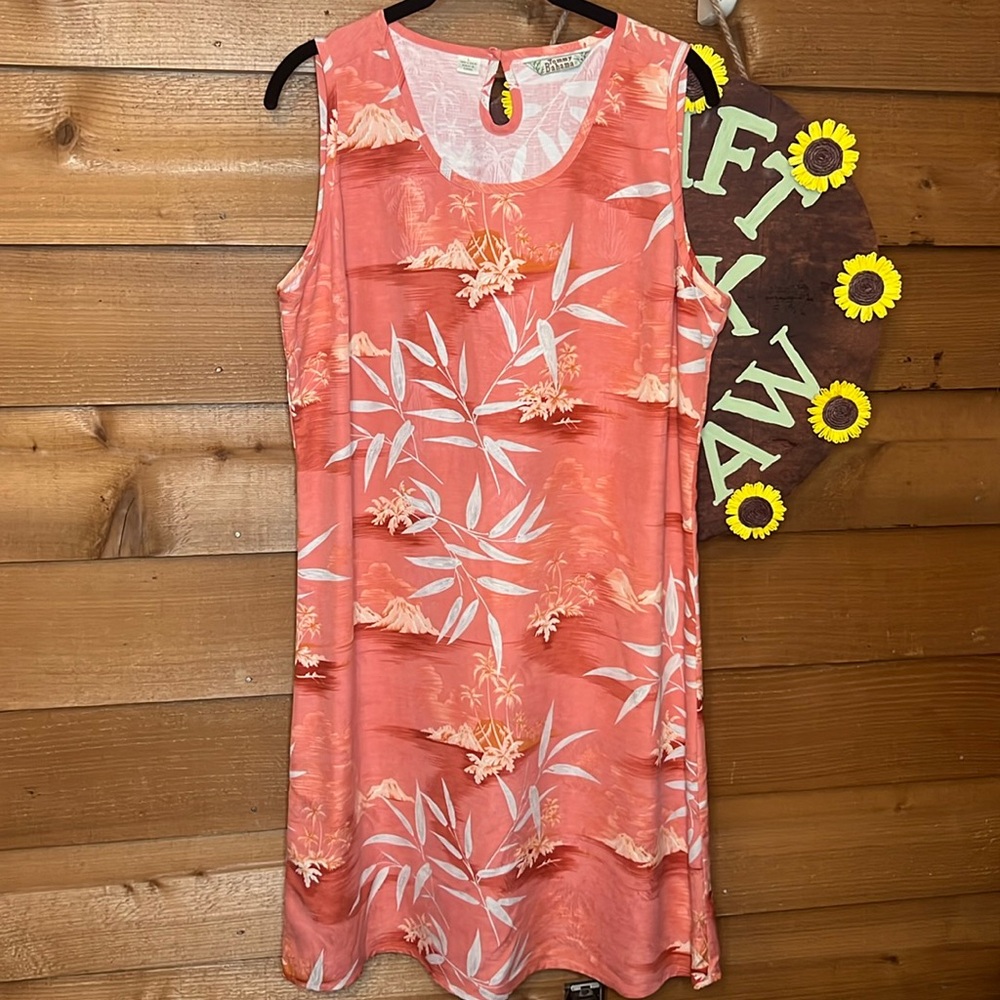 Tommy Bahama Silk Coral Pink White Midi Sleeveless Beach Volcano Palm Tree dress